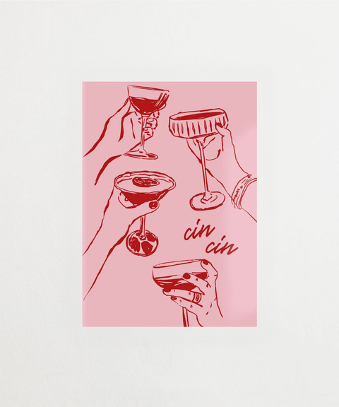 Cin Cin Pink poster med rosa vinglas och text – FrenzyFrame