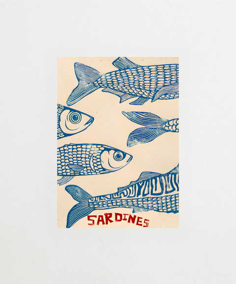 Swim Like Sardines poster med illustrativt fiskmotiv – FrenzyFrame